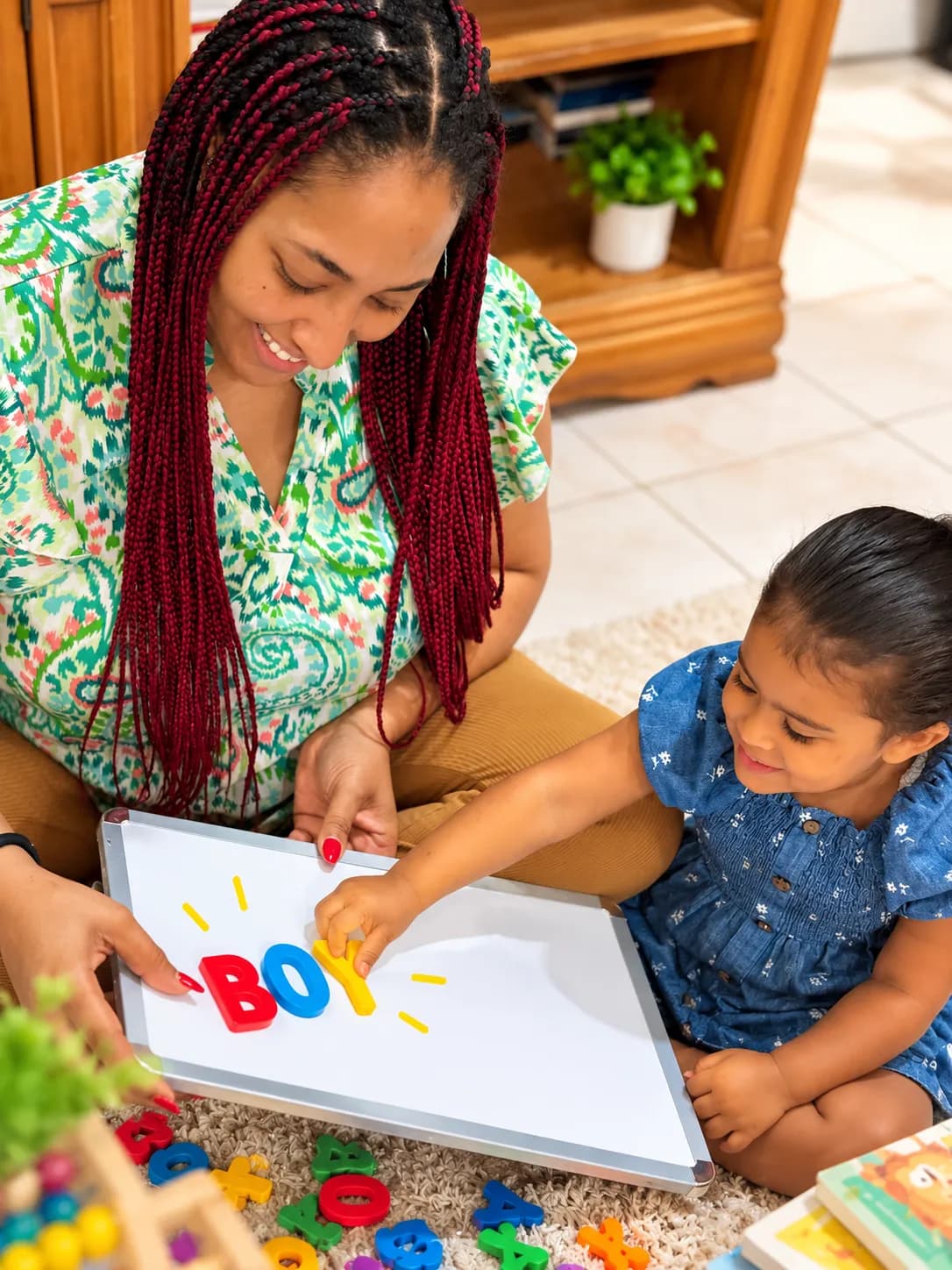 Sitter helping a little girl spell words with magnetic letters